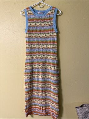 Multicolor Knit Tank Dress with Blue Trim